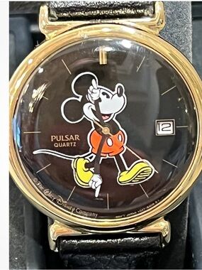 Pulsar Black Dial Mickey Mouse Watch with Gold Case and Yellow Accents